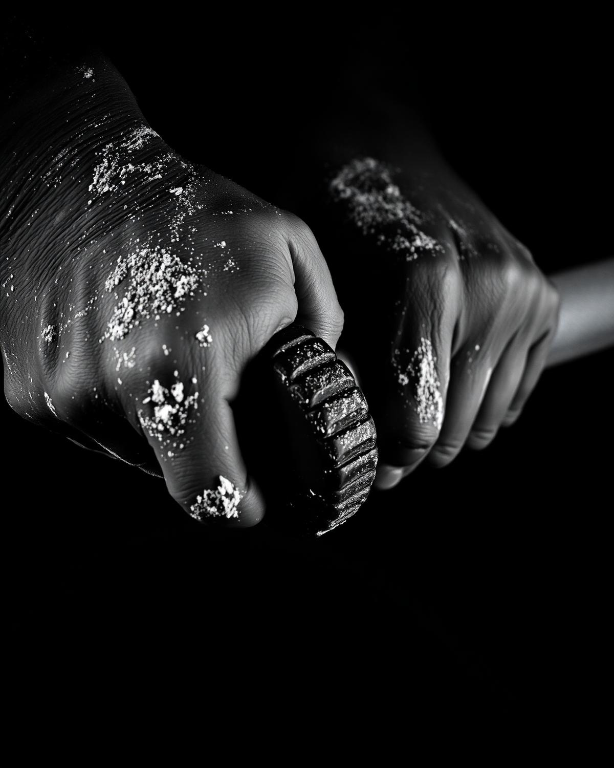 Close detail of chalked hands gripping a barbell