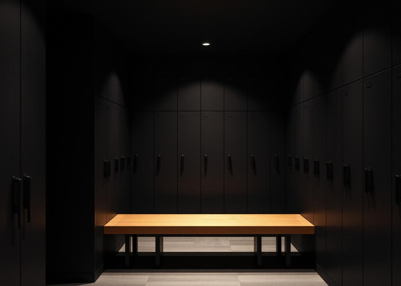 Changing room with matte black lockers and a timber bench